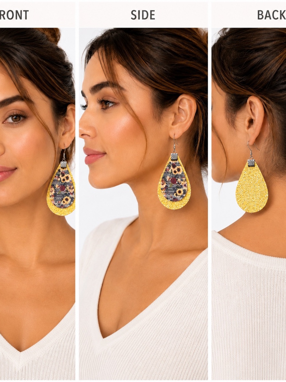 Yellow Sunflower Teardrop Earrings with Floral Pattern